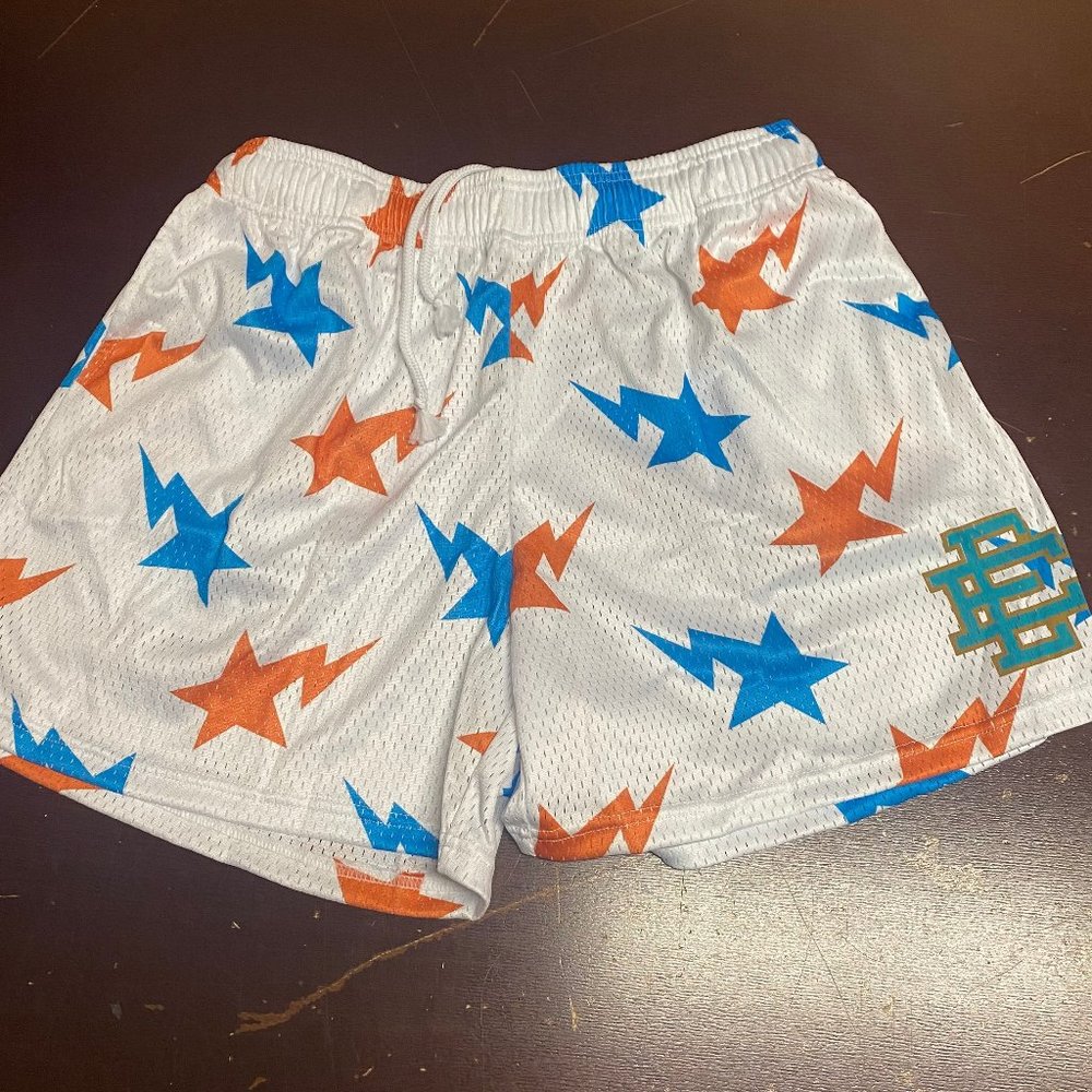 Eric Emanuel Mens White Lightning Stars Adjustable Comfort Athletic Shorts Sz XL